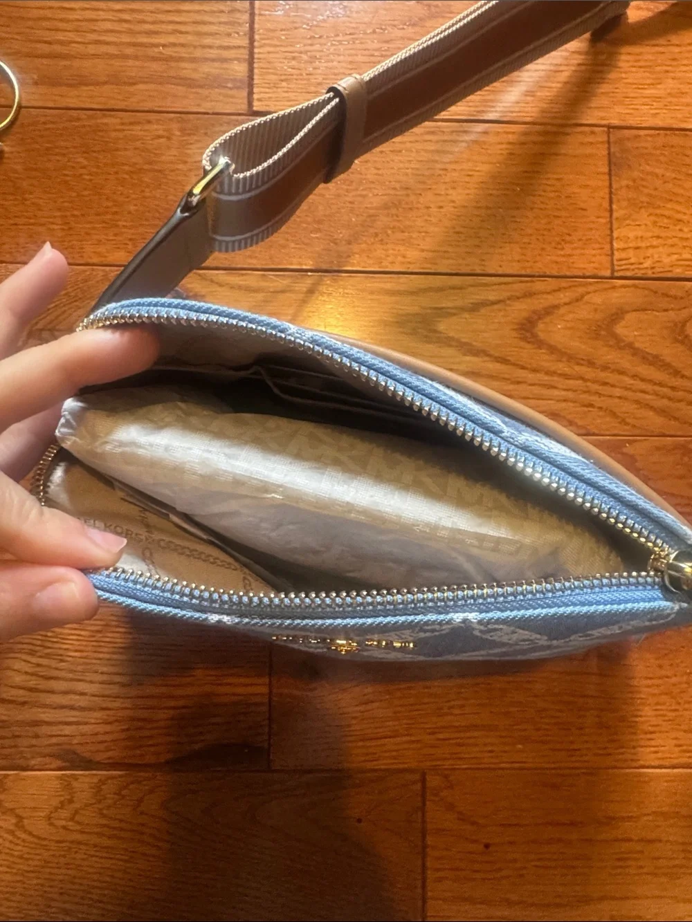 Michael Kors Blue Denim Logo Crossbody with Cream Base and Gold Accents